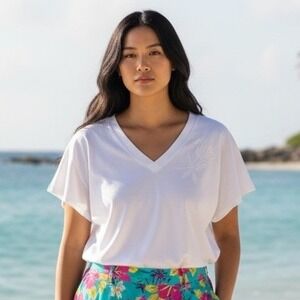 Lady Graff White V Neck Embroidered Rose Short Sleeve Top Made in USA Size 10